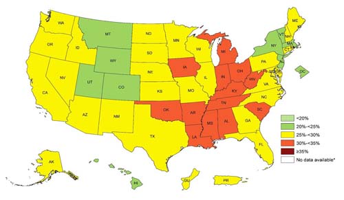 CDC obesity trends map 2012